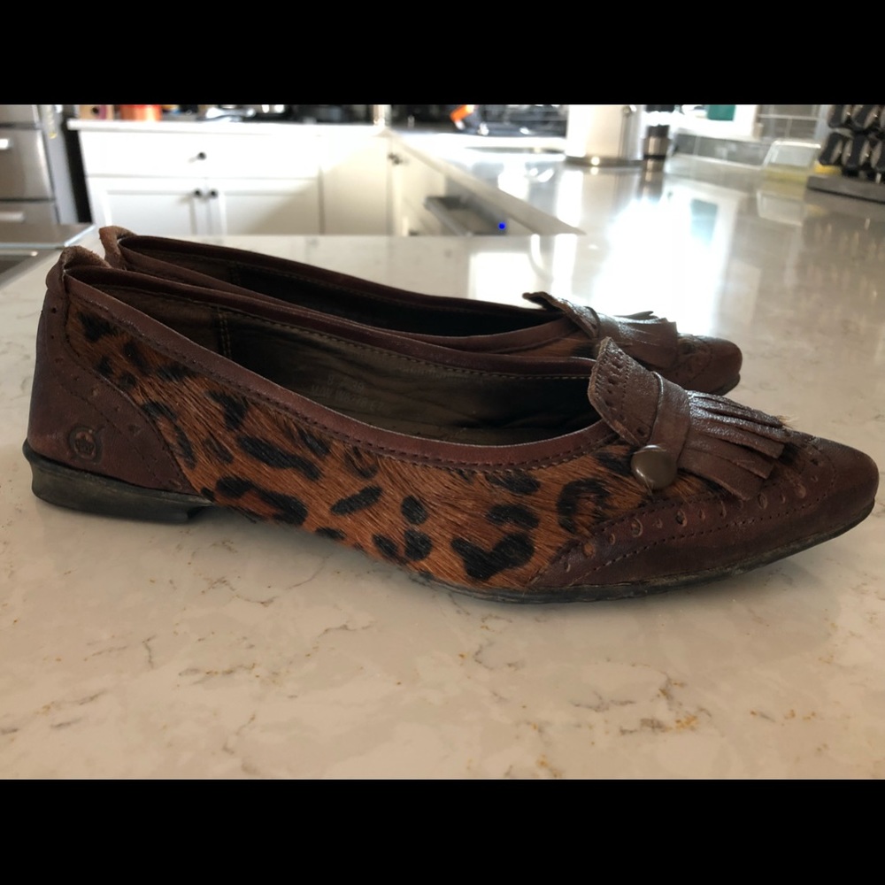 Born leather & pony hair wing tip fringe flats